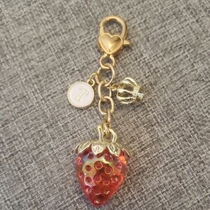 Gold and Red Strawberry Bag Charm Key chain with Letter T